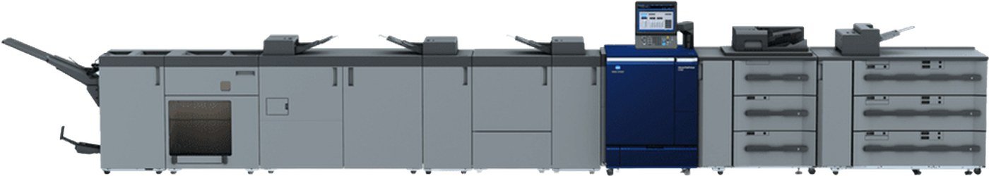 Produktionslinie Konica Minolta AccurioPress C7100 mit Großraum-Papiermagazin und Broschürenfinisher