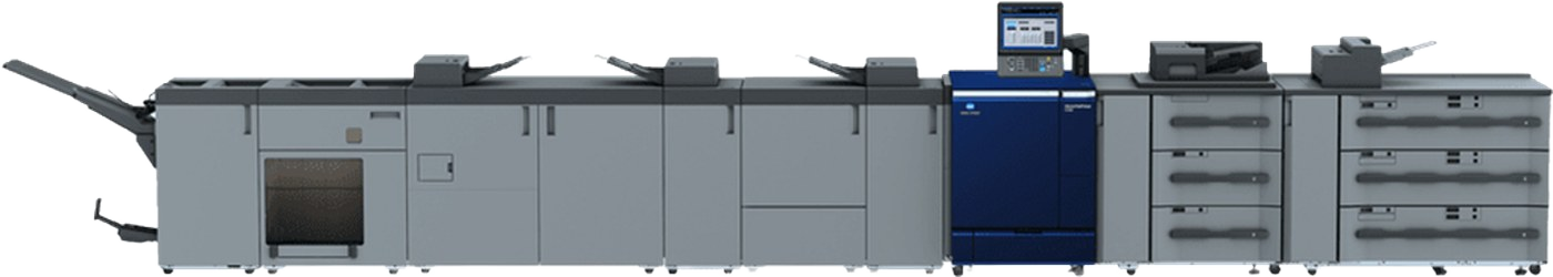 Produktionslinie Konica Minolta AccurioPress C7100 mit Großraum-Papiermagazin und Broschürenfinisher